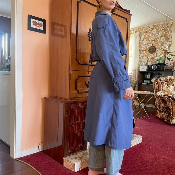 1980s classic double breasted belted periwinkle long trench coat! - Picture 5 of 16